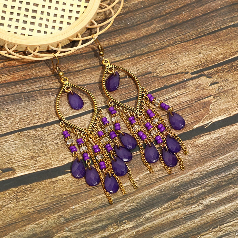 Bohemian Antique Gold Plated Long Water Drop Tassel Earrings