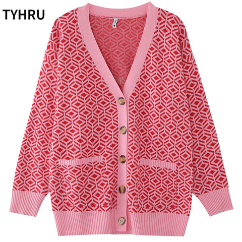 Knitting Sweater Color Matching Diamond Lattice Single-Breasted Loose Casual Knitted Cardigan