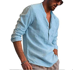 Men’ s Shirt Cotton linen Solid Color Stand Collar Long Sleeve Shirt