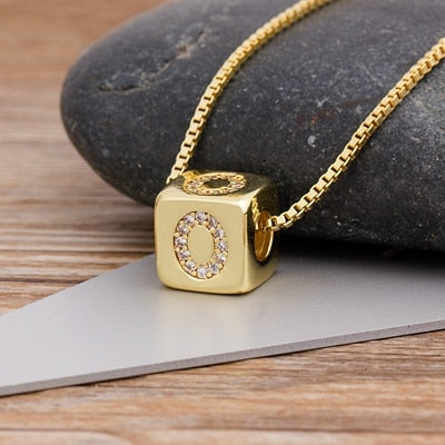 A-Z Initials Micro Pave Copper CZ Cube Letter Pendant Necklaces