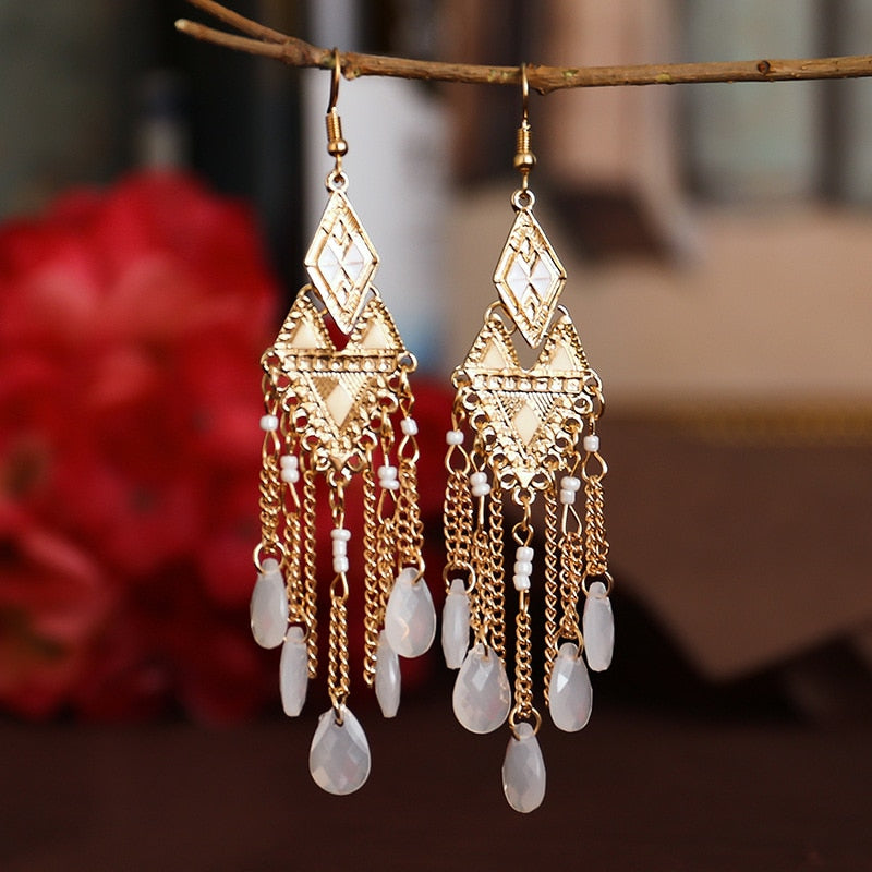 Bohemian Antique Gold Plated Long Water Drop Tassel Earrings