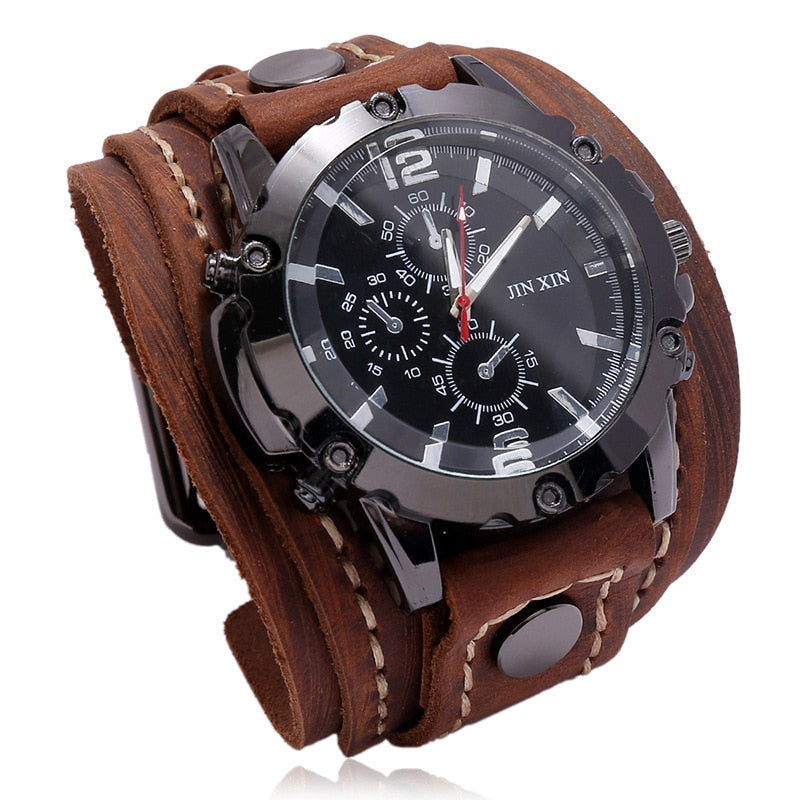 Punk Vintage Black Brown Belt Strap Men Genuine Leather Pointer Watch Bracelet