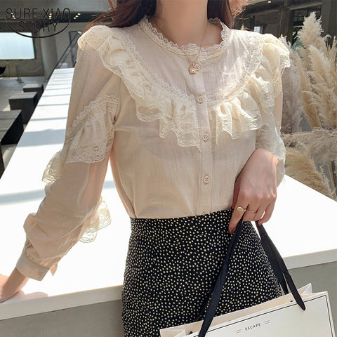 Sweet Loose Clothes Lace Up Ruffled Women Blouses Fashion Stand Collar