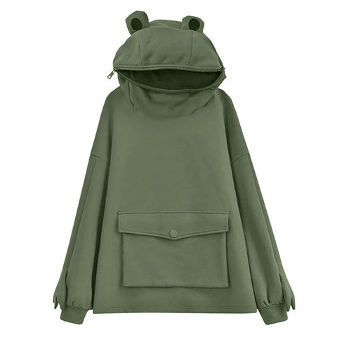 Frog Hoodie for Women Sweatshirt Solid Color Hooded with Flap Pocket Casual