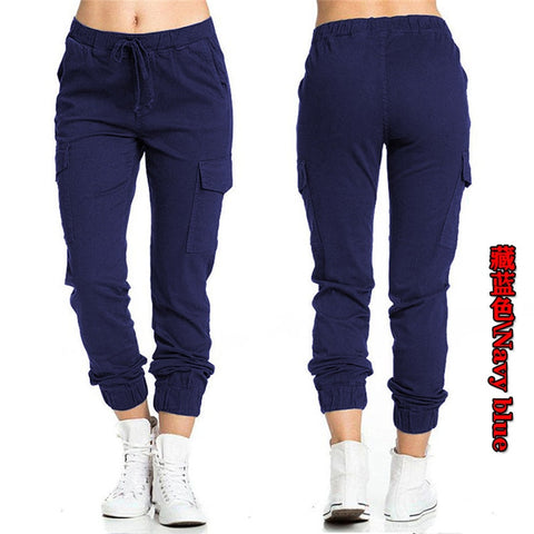 Solid Jogger Women's Cargo Pants Multi-Pocket Drawstring Elastic Waist