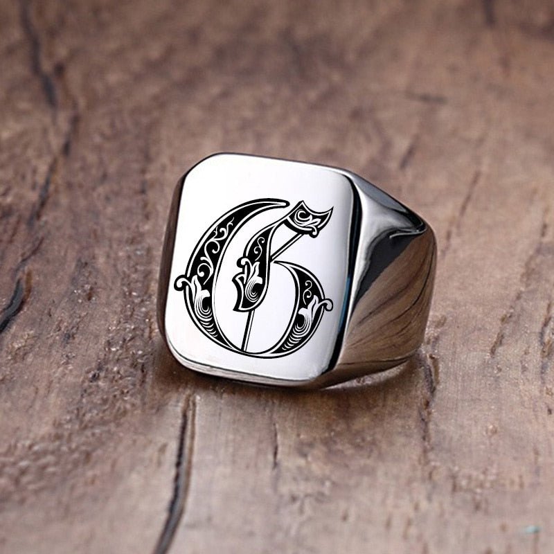 Retro Initials Signet Ring for Men 18mm Bulky Heavy Stamp Male Band Stainless Steel Letters Custom