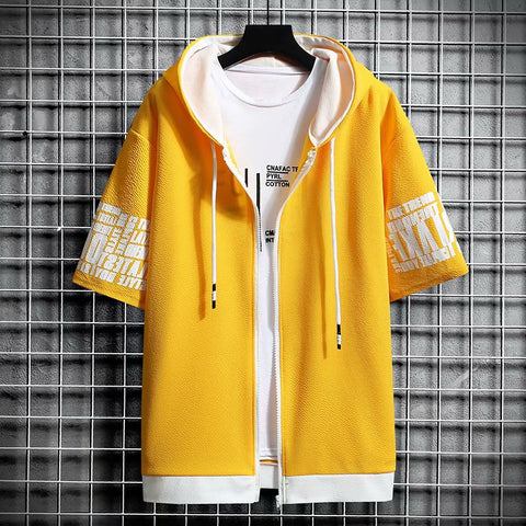 Japan Style Men Hoodies Fashion Streetwear Short Sleeve Hooded