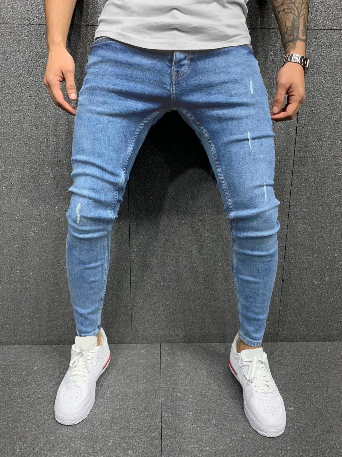 Mens Skinny Blue jeans Popular Scratch Slim Denim Pants Pencil Pants