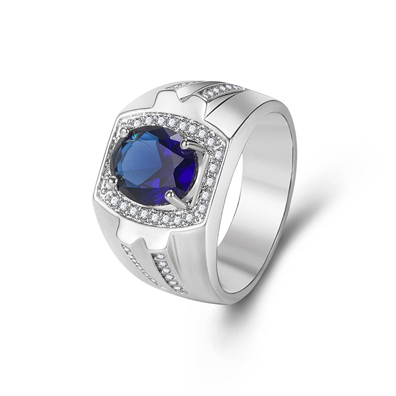 Vintage 925 Silver Men Ring Round Sapphire Gemstone