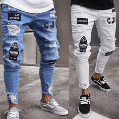 Men Stretchy Ripped Skinny Biker Embroidery Cartoon Print Jeans Destroyed