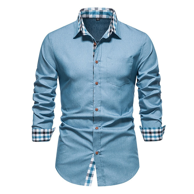 Plaid Patchwork Formal Shirts for Men Slim Long Sleeve White Button Up Shirt Dress