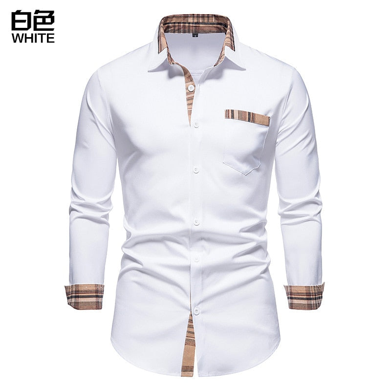 Plaid Patchwork Formal Shirts for Men Slim Long Sleeve White Button Up Shirt Dress