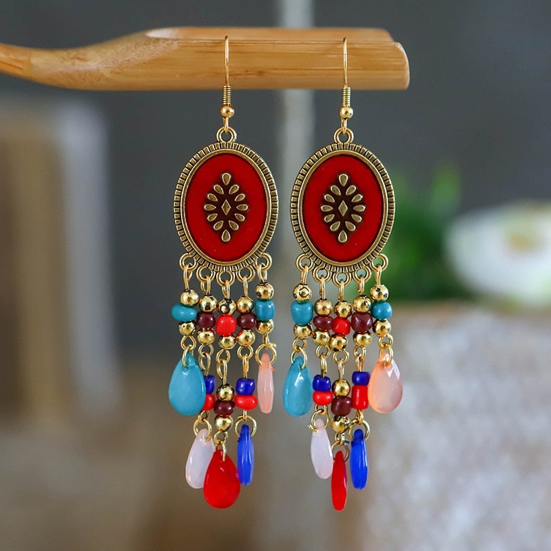 Bohemian Antique Gold Plated Long Water Drop Tassel Earrings