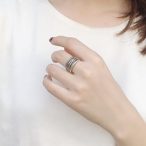 Silver Color Vintage Layered Women Open Rings Adjustable