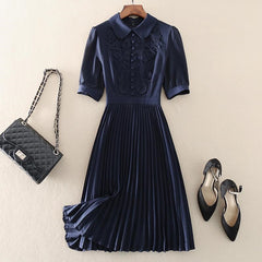 Vintage Embroidered Pleated Dress Women Chic Sweet Short Sleeve