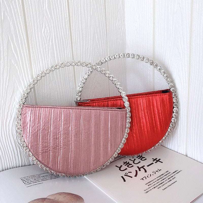 Rhinestone Circular Handle Evening Bag Designer Diamonds Round Red Clutch