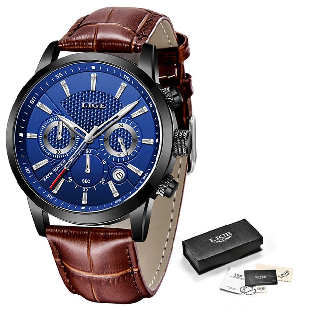 Mens Watches LIGE Top Brand Leather Chronograph Waterproof Sport