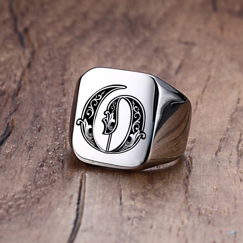 Retro Initials Signet Ring for Men 18mm Bulky Heavy Stamp Male Band Stainless Steel Letters Custom