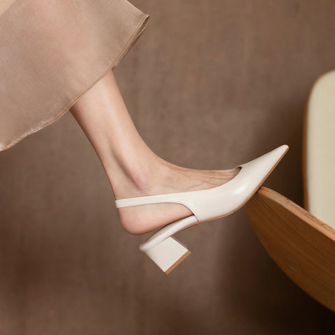 Pointed Toe Back Strap Slingback Women Pumps Genuine Leather Square Heel