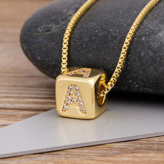 A-Z Initials Micro Pave Copper CZ Cube Letter Pendant Necklaces