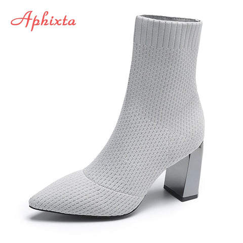 Gray Fabrics Sock Boots Women Shoes Elastic Boots Stretch Knit Bling 8cm