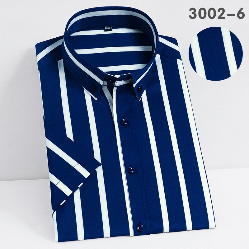 Short Sleeve Strech Striped Shirts Men Soft Regular Fit no Front Pocket