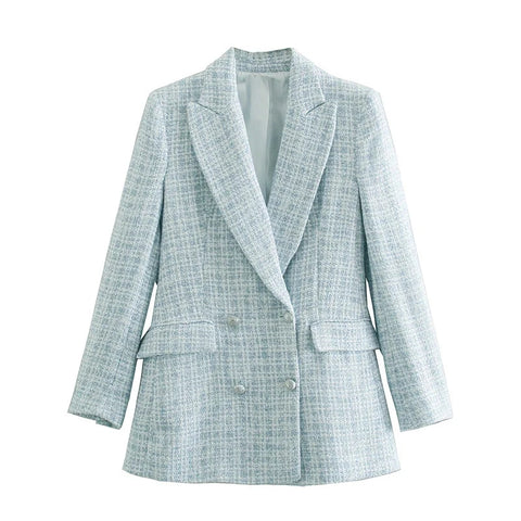 Casual Women Tweed Blazer Vintage Office Lady Jacket Coat Double Breasted