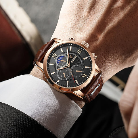 Mens Watches LIGE Top Brand Luxury Leather Casual Quartz Watch