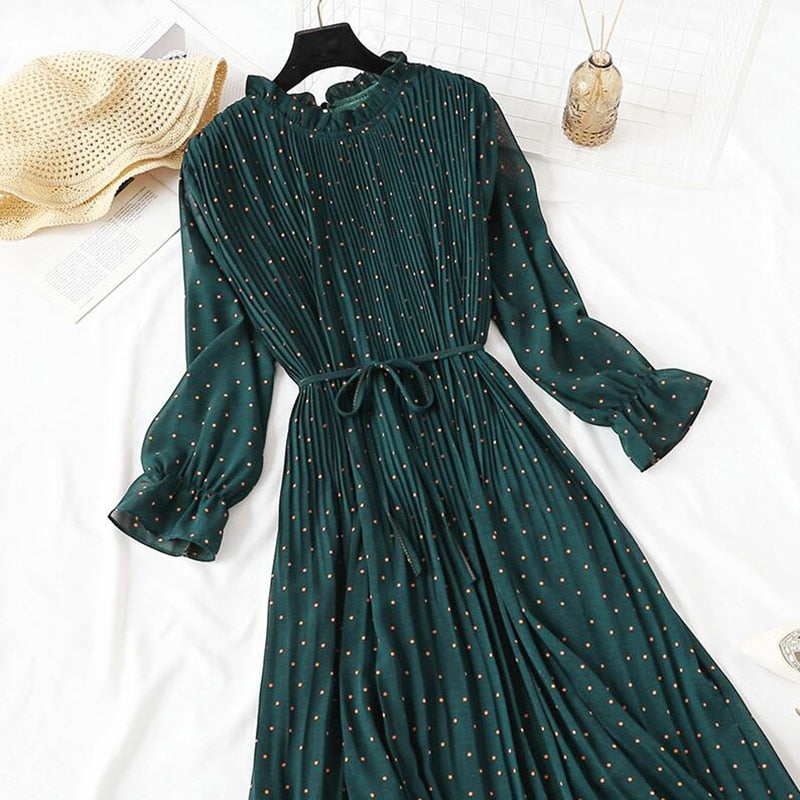 Elegant Polka Dot Women Dress Casual Flare Sleeve Office Chiffon Dot Print