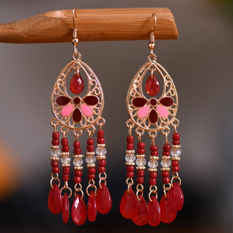 Bohemian Antique Gold Plated Long Water Drop Tassel Earrings