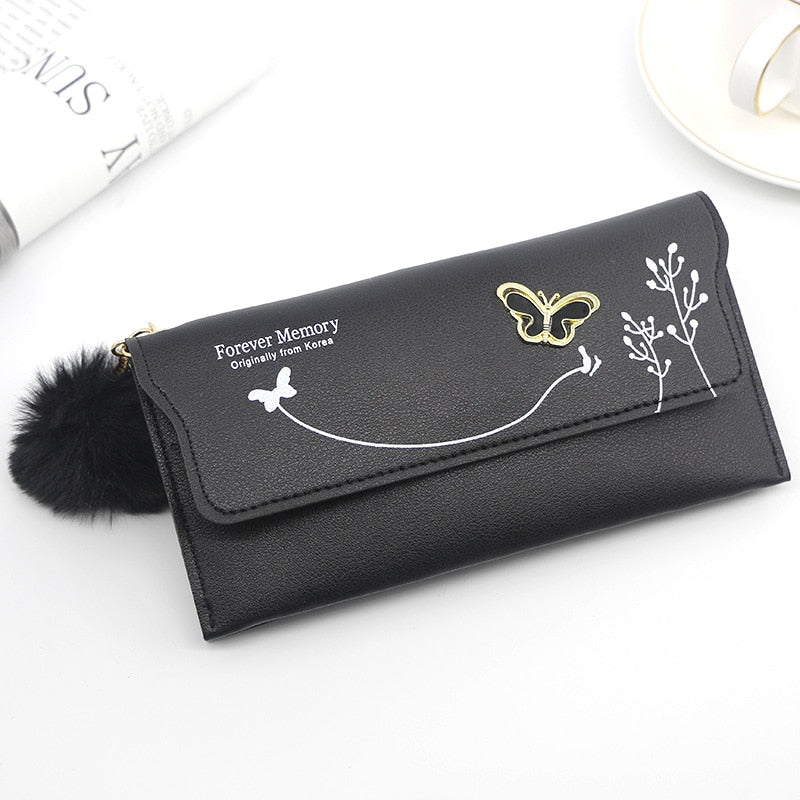 Long Wallets Pure Color Wool Ball Bow Clutch Bag