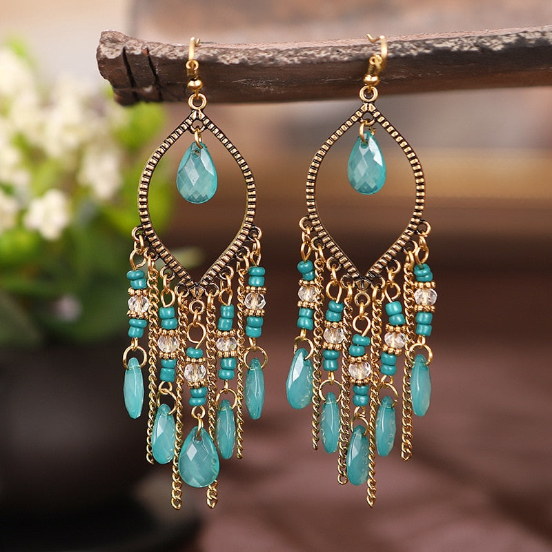 Bohemian Antique Gold Plated Long Water Drop Tassel Earrings