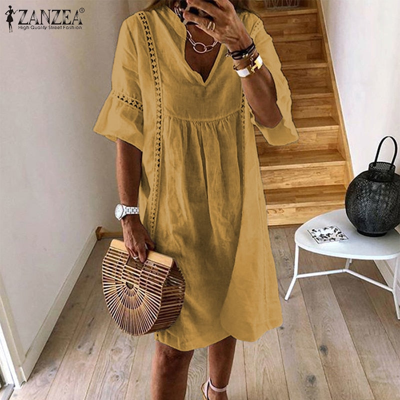 Lace Dress Women Sundress Fashion Flare Sleeve Short Vestido Bohemian