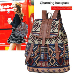 style backpack retro pattern canvas female bag fashion travel drawstring backpack