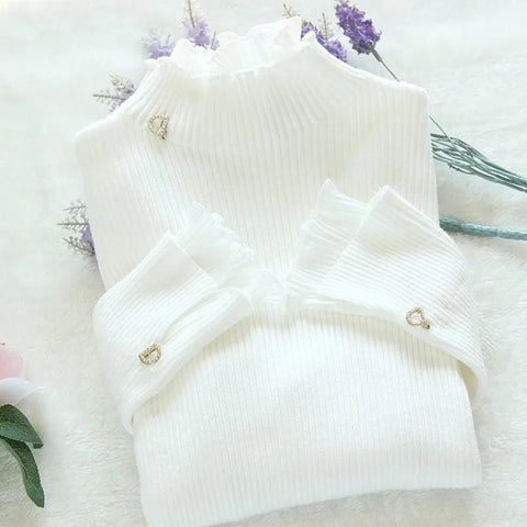 Patchwork Warm Sweater Elegant Long Sleeve Slim Turtleneck Knitted