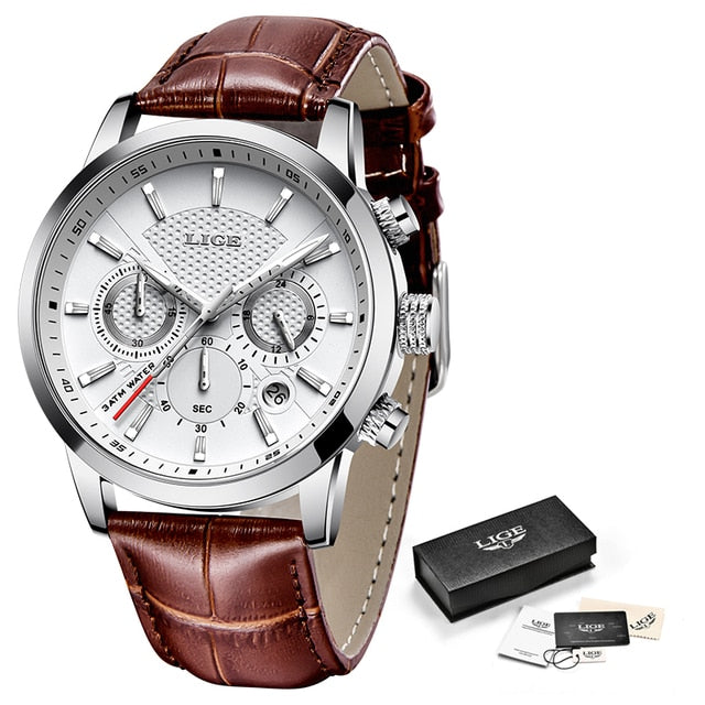 Mens Watches LIGE Top Brand Leather Chronograph Waterproof Sport