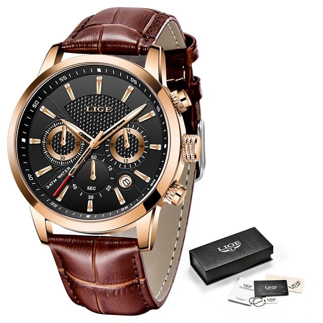 Mens Watches LIGE Top Brand Leather Chronograph Waterproof Sport