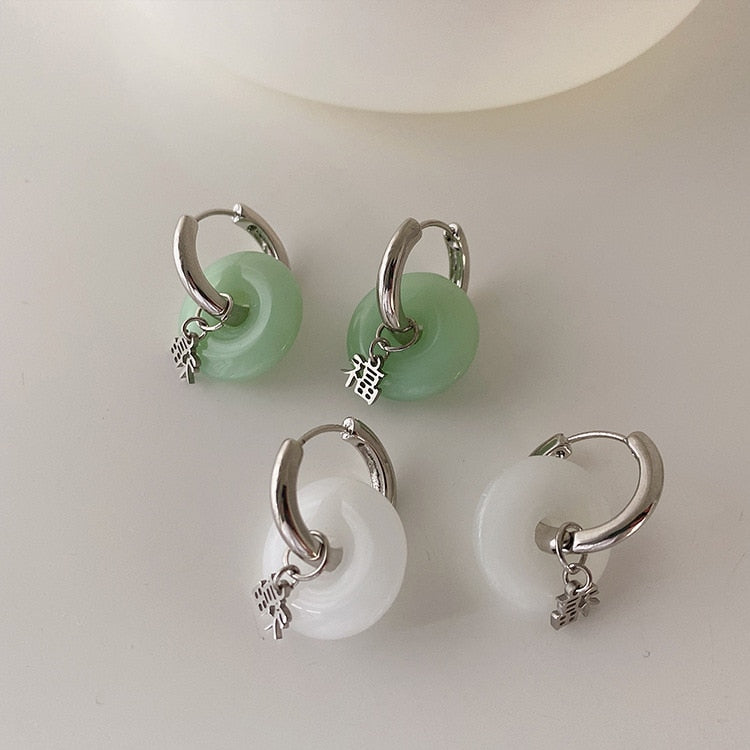 Unique Green Jade Round Stainless Steel Hoop Earrings