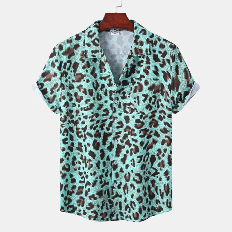 Leopard Print Mens Shirt Short Quick Dry Beach Shirts Men