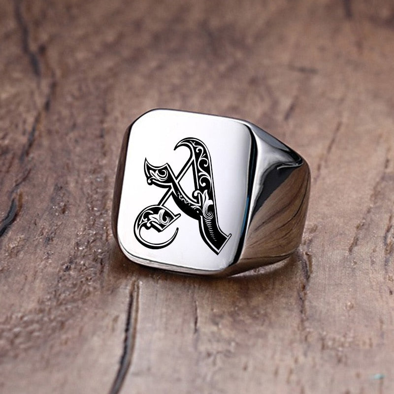 Retro Initials Signet Ring for Men 18mm Bulky Heavy Stamp Male Band Stainless Steel Letters Custom