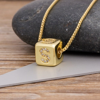 A-Z Initials Micro Pave Copper CZ Cube Letter Pendant Necklaces