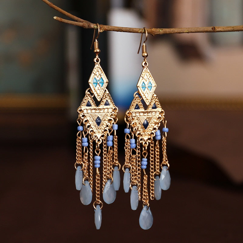 Bohemian Antique Gold Plated Long Water Drop Tassel Earrings