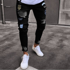 Men Stretchy Ripped Skinny Biker Embroidery Cartoon Print Jeans Destroyed