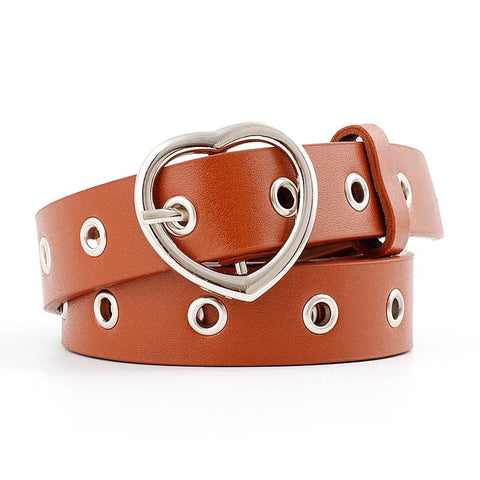 Double Ring Women Belt Fashion Waist Belt PU Leather Metal Buckle Heart Pin Belts