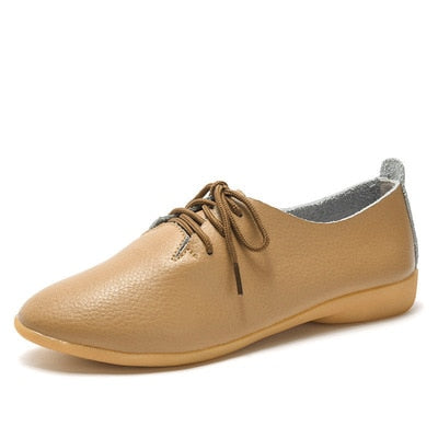 Genuine Leather Oxford Shoes For Women Round Toe Lace-Up Casual Shoes