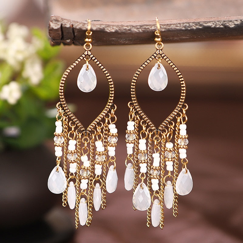 Bohemian Antique Gold Plated Long Water Drop Tassel Earrings