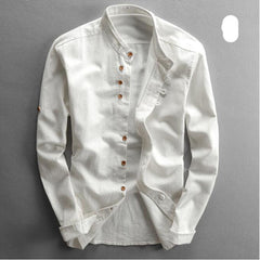 Cotton Linen Shirts Long Sleeve Men Casual Slim Mandarin Collar Shirts