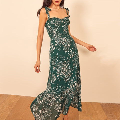 Dresses Elegant Vintage Floral Dress Frill Sweetheart Neck