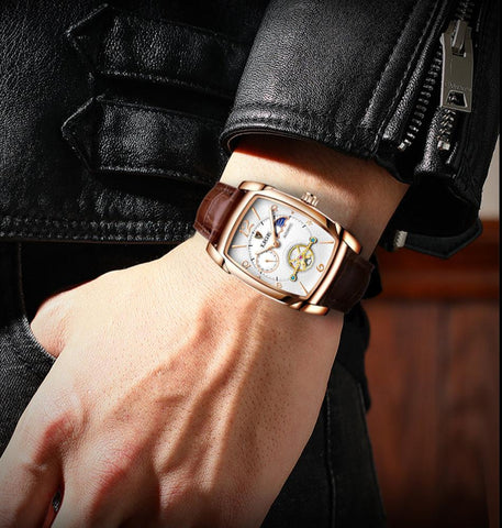 Mens Watches Square Automatic Watch for Men Genuine Leather