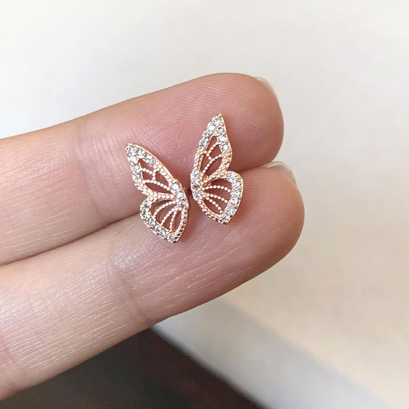 Dainty Cubic Zirconia Crystal Gold Plated Butterfly Wing Stud Earrings